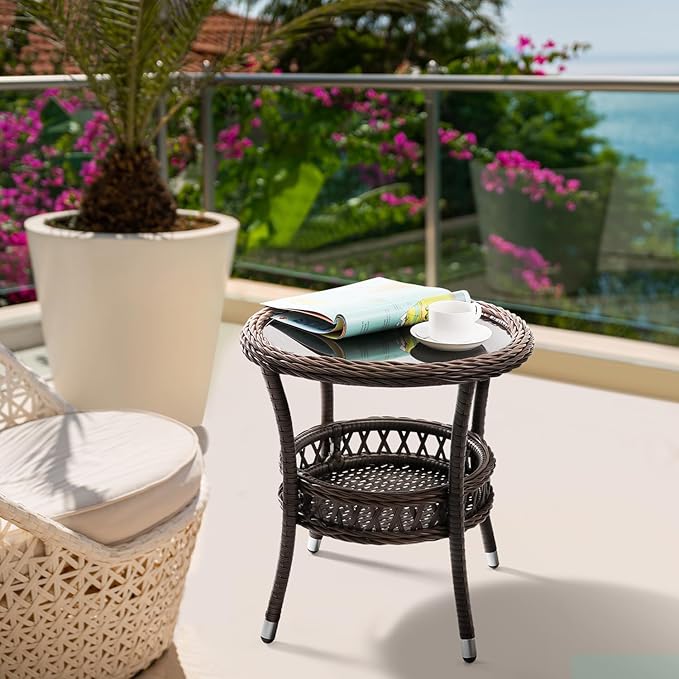 Outdoor Side Table Wicker Outdoor End Table for Patio Rattan Side Table for Outside Brown Patio Coffee Table with - Photo 5
