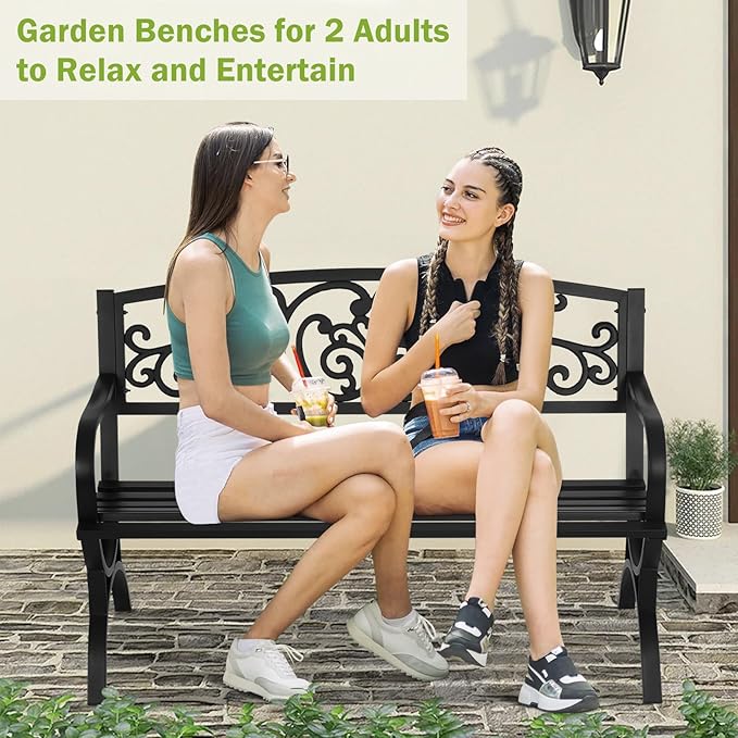 BSTOPHKL 50 Inches Outdoor Garden Bench,Metal Outdoor Furniture Patio Park Bench with Armrests Slatted Seat and Floral Design Backrest for Courtyard Porch Lawn Garden,Black