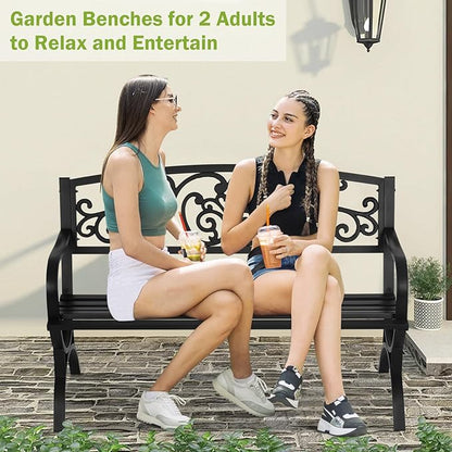BSTOPHKL 50 Inches Outdoor Garden Bench,Metal Outdoor Furniture Patio Park Bench with Armrests Slatted Seat and Floral Design Backrest for Courtyard Porch Lawn Garden,Black