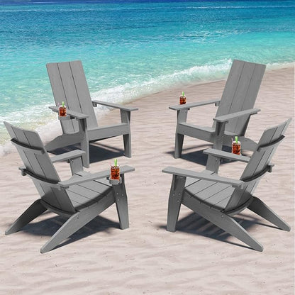 MXIMU Modern Adirondack Chairs Set of 4 Weather Resistant with Cup Holder Oversize Plastic Fire Pit Chairs Plastic Outdoor Chairs for Firepit Area Seating (Grey)