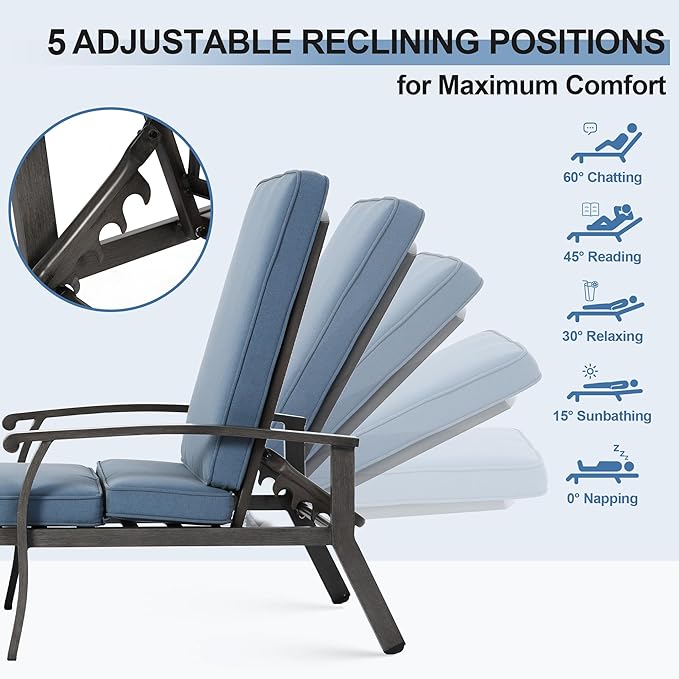 Chaise Lounge Chair Outdoor with Wheels, Cast Aluminum Tanning Chair with Navy/Blue Cushion - Photo 3