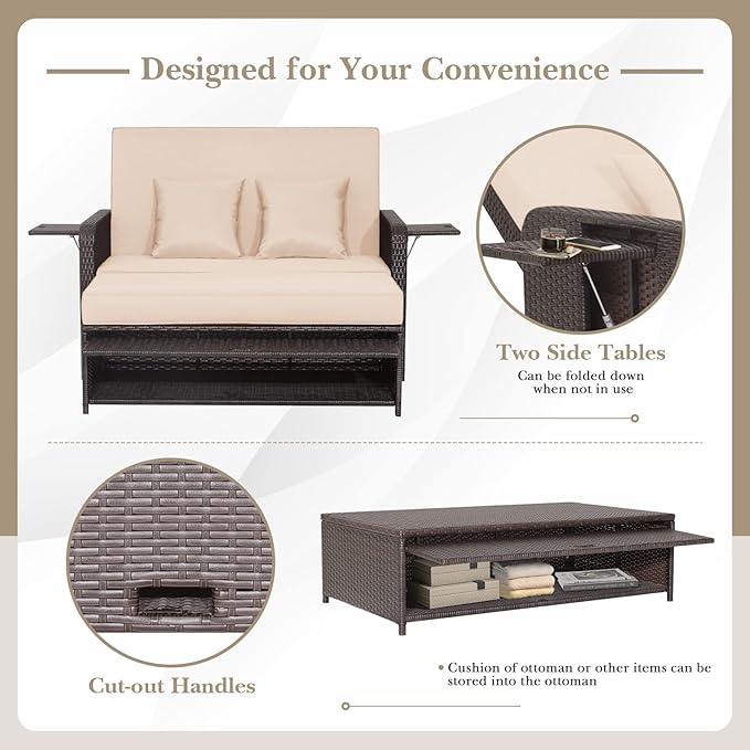 COSTWAY Patio Rattan Daybed with Cushions, Outdoor Wicker Loveseat Sofa with Storage Ottoman - Photo 7