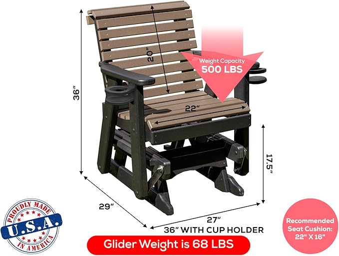 Amish Craftsmanship Made in USA 2FT Heavy Duty Poly Lumber Wood Porch Patio Glider HDPE with No wood fibers Lancaster Series Rollback design 500 lbs Limit With Cupholders Weatherwood on Black