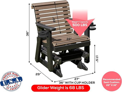 Amish Craftsmanship Made in USA 2FT Heavy Duty Poly Lumber Wood Porch Patio Glider HDPE with No wood fibers Lancaster Series Rollback design 500 lbs Limit With Cupholders Weatherwood on Black