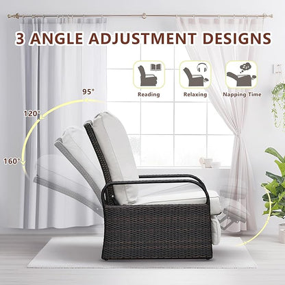 ATR ART TO REAL Outdoor Wicker Recliner Chair with 5.5'' Cushions, Automatic Adjustable Patio Lounge Chairs, Aluminum Frame Reclining Chair for Lawn Backyard Porch Poolside Deck (White)