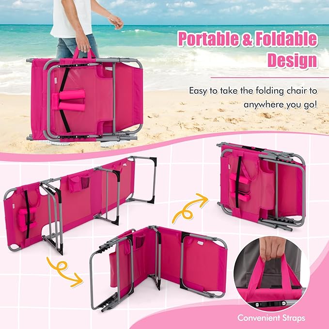 Goplus Tanning Chair, Folding Adjustable Patio Lounge Chair with Face Hole, Removable Pillow, 330LBS, Carry Strap, Outdoor Sunbathing Chair, Lightweight Portable Beach Lounge Chair, No Assembly