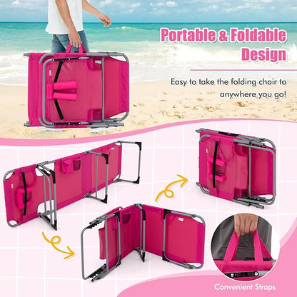 Goplus Tanning Chair, Folding Adjustable Patio Lounge Chair with Face Hole, Removable Pillow, 330LBS, Carry Strap, Outdoor Sunbathing Chair, Lightweight Portable Beach Lounge Chair, No Assembly