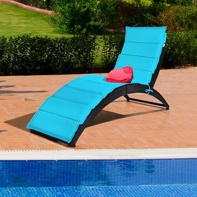 COSTWAY Folding Rattan Lounge Chair Outdoor, Patio Wicker Chaise Lounge with Soft Cushion - Photo 4