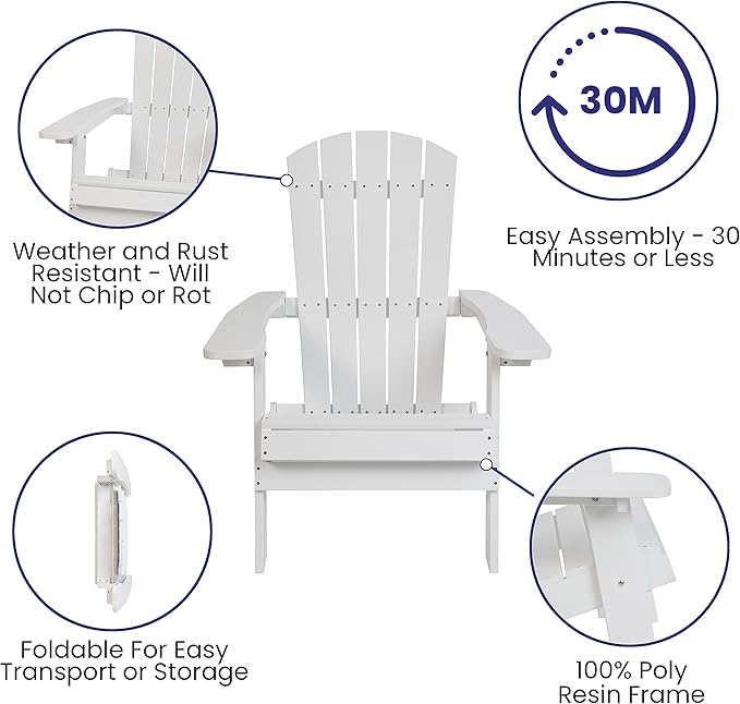 Merrick Lane Riviera Poly Resin Folding Adirondack Lounge Chair - White - Indoor/Outdoor - Weather Resistant