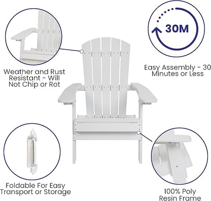Flash Furniture Charlestown Folding Adirondack Chair - White - Poly Resin - Indoor/Outdoor - Weather Resistant - Set of 4