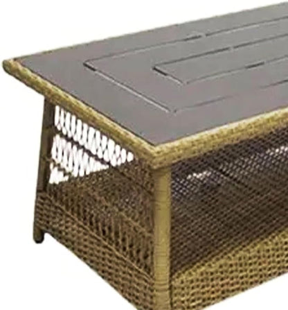 Four Seasons Courtyard Positano 40" x 26" Rectangular All-Weather Outdoor Open Weave Wicker Coffee Table with Decorative Top and Bottom Shelf, Brown