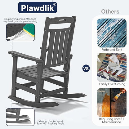 Plawdlik HDPE Rocking Chair,Oversized Outdoor Rocking Chair Set of 2,Patio Rocking Chair All Weather Resistant-Grey