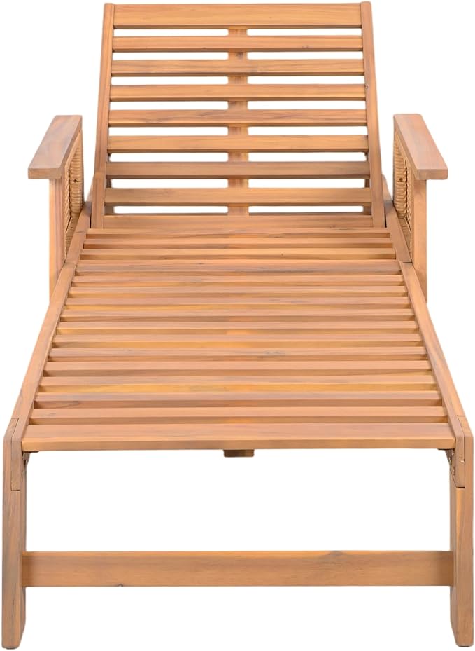 Merax 4-Pieces Retro Acacia Wood Outdoor Chaise Lounge with Wheels & 3-Position Adjustable Backrest, Vintage Wicker Sun Lounger with Plush Removable Cushion for Patio, Garden & Poolside, Acacia Wood