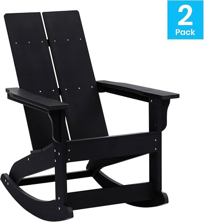 Flash Furniture Finn Modern Commercial Poly Resin Wood Adirondack Rocking Chair - All Weather Black Polystyrene - Dual Slat Back - Stainless Steel Hardware - Set of 2