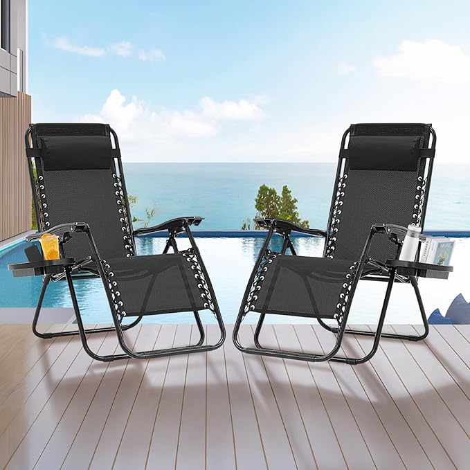 Zero Gravity Chair Set of 2, Folding Reclining Zero Gravity Recliner Lounge Chair 330lbs with Pillow and Cup Holder Trays, Steel Mesh Outdoor recliners for Patio Poolside Backyard Beach (Black)