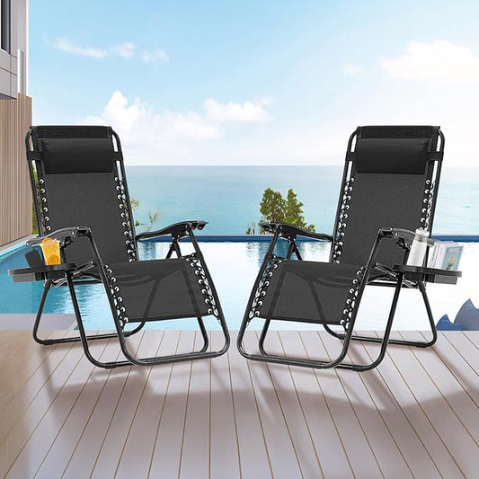 Zero Gravity Chair Set of 2, Folding Reclining Zero Gravity Recliner Lounge Chair 330lbs with Pillow and Cup Holder Trays, Steel Mesh Outdoor recliners for Patio Poolside Backyard Beach (Black)