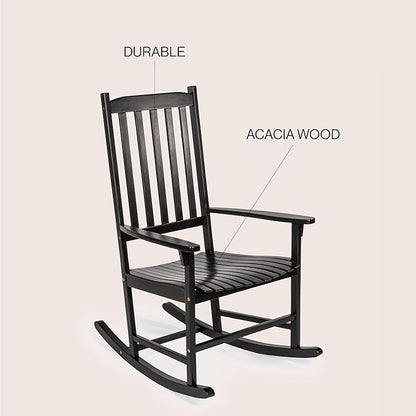 JONATHAN Y RCK300E Seagrove Farmhouse Classic Slat-Back 350-LBS Support Acacia Wood Outdoor Rocking Chair Traditional, Coastal, Cottage, Vintage, Shabby Chic, Black