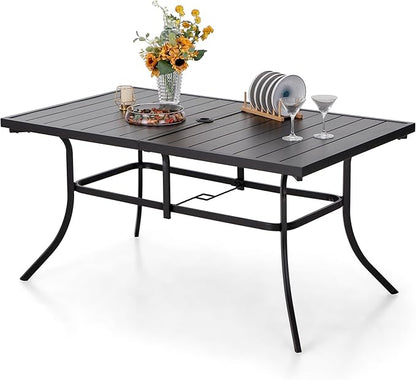 PHI VILLA 6-Person Outdoor Metal Steel Slat Dining Rectangle Table with Adjustable Umbrella Hole, Weather-Resistant for Patio Outdoor Use, Black