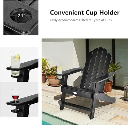 Tangkula Adirondack Chair Outdoor, Fade Resistant HDPE Armchairs with Cup Holder, Weather Resistant Lounger Chairs for Patio Garden Backyard Deck, Lawn Porch Seating, Adirondack Lounger (2, Black)