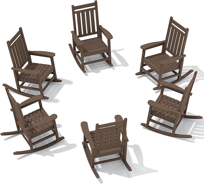 SERWALL HDPE Outdoor Rocking Chair Set of 6, Patio Rocking Chairs for Adults, All Weather Outdoor Rockers for Lawn, Coffee