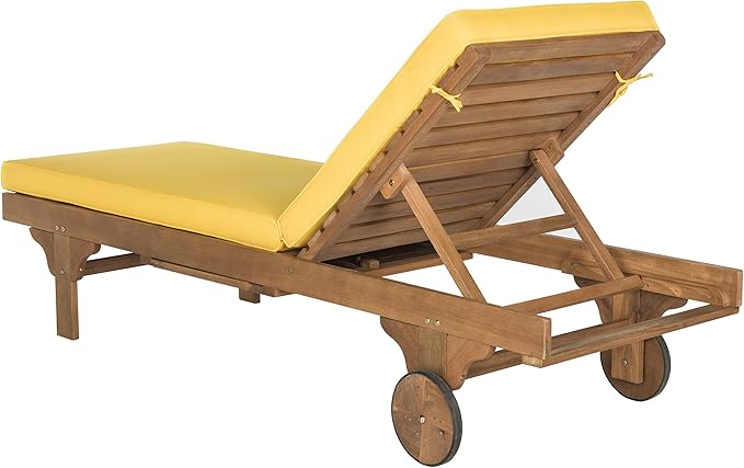 SAFAVIEH Outdoor Collection Newport Natural/ Yellow Cushion Built-in Side Table Adjustable Chaise Lounge Chair