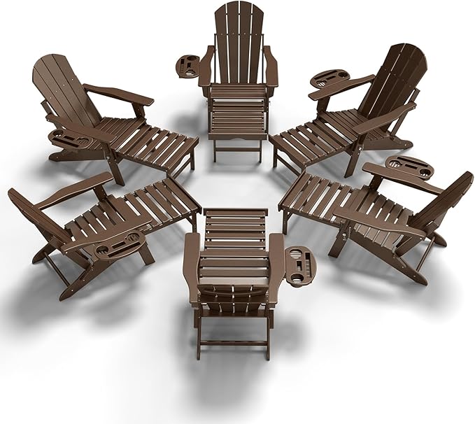 Adjustable Adirondack Chair with Retractable Ottoman Set of 6, HDPE Folding Adirondack Chair with Cup Holder, All Weather Fire Pit Chair for Outdoor.