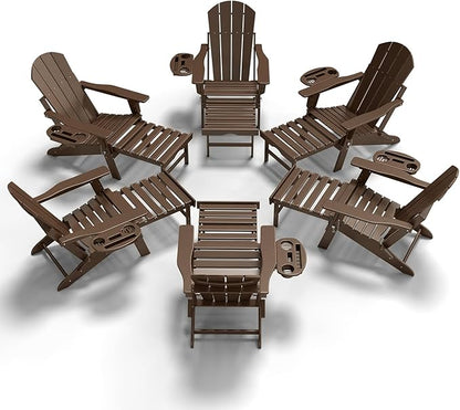 Adjustable Adirondack Chair with Retractable Ottoman Set of 6, HDPE Folding Adirondack Chair with Cup Holder, All Weather Fire Pit Chair for Outdoor.