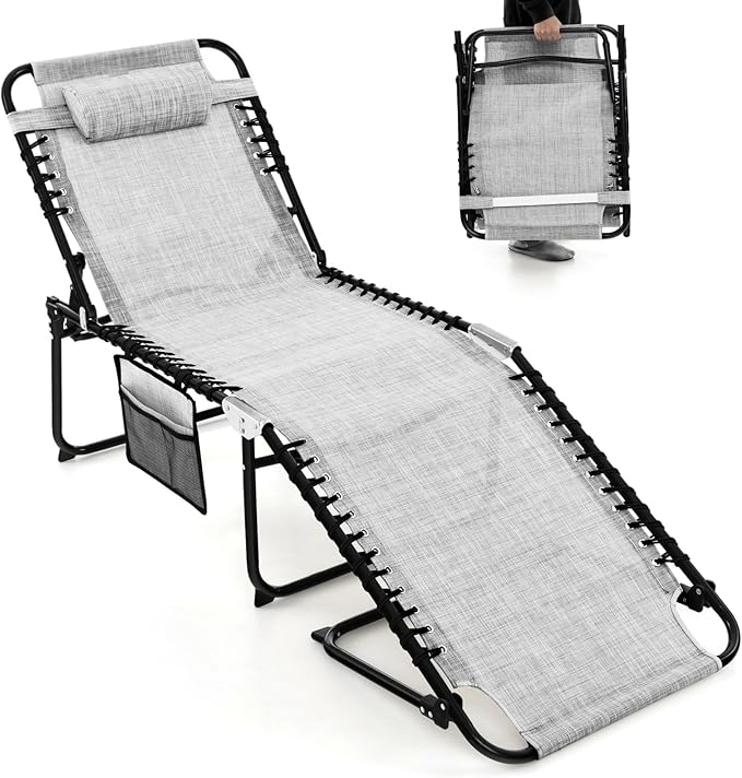 COSTWAY Folding Chaise Lounge Chair, Foldable Pool Lounger with 4-Position Adjustable Backrest, 2-Position Footrest, Side Pocket & Soft Pillow, Patio Tanning Chair for Beach, Poolside (1, Grey)