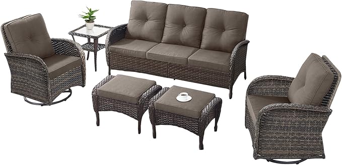 6 Pieces Outdoor Furniture-Patio Swivel Rocker Chairs Set of 2 3-Seater Wicker Couch with Outdoor Ottoman Outdoor Patio Furniture Set for Deck Porch Garden Balcony Poolside-Brown/Grey