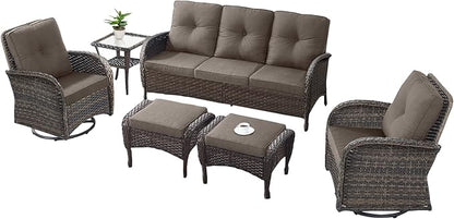 6 Pieces Outdoor Furniture-Patio Swivel Rocker Chairs Set of 2 3-Seater Wicker Couch with Outdoor Ottoman Outdoor Patio Furniture Set for Deck Porch Garden Balcony Poolside-Brown/Grey