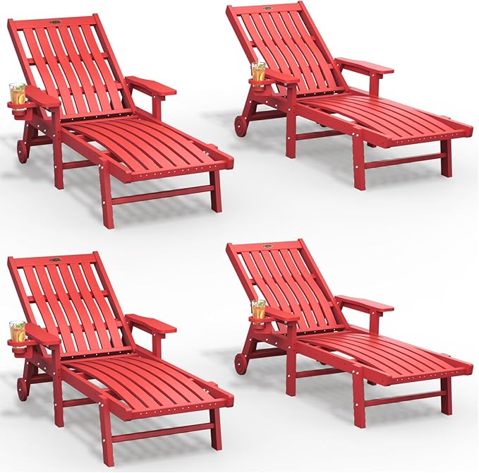 THOEOE Patio Chaise Lounge Chair Set of 4, Oversized Lounge Chair Outdoor with 5 Positions, HDPE, Patio Lounge Chair with Wheels & Cup Holder for Pool, Deck, Poolside,Red
