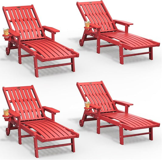 THOEOE Patio Chaise Lounge Chair Set of 4, Oversized Lounge Chair Outdoor with 5 Positions, HDPE, Patio Lounge Chair with Wheels & Cup Holder for Pool, Deck, Poolside,Red