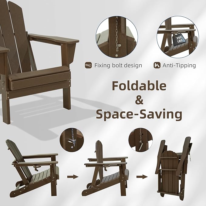 Domi Folding Adirondack Chair, HDPE All-Weather Outdoor Chair with Cup Holder, Wooden Textured Fire Pit Chair for Backyard, Patio, Poolside & Deck, Khaki