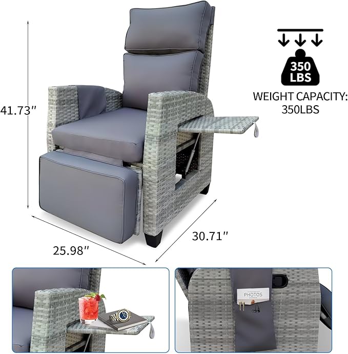 Wicker Outdoor Recliner | Outdoor Recliner Chair | Patio Reclining Chair with 4" Thick Cushion, Adjustable Backrest & Footrest, Flip-up Table & Side Pocket For Patio, Outdoor & Indoor (Gray&Gray)
