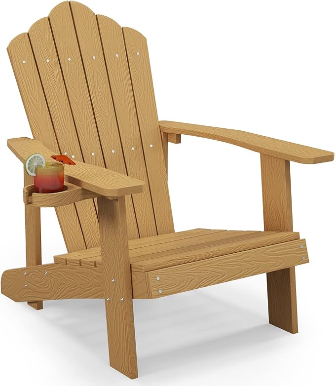 Tangkula Oversized Adirondack Chair, Patio Lounge Chairs w/Adjustable Cup Holder, HIPS Armchairs Slatted Chair, Outdoor Weather Resistant Fire Pit Chair for Deck Backyard Garden Porch (1, Teak)