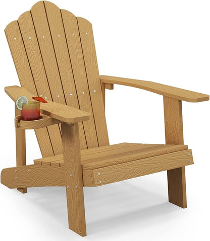 Tangkula Oversized Adirondack Chair, Patio Lounge Chairs w/Adjustable Cup Holder, HIPS Armchairs Slatted Chair, Outdoor Weather Resistant Fire Pit Chair for Deck Backyard Garden Porch (1, Teak)