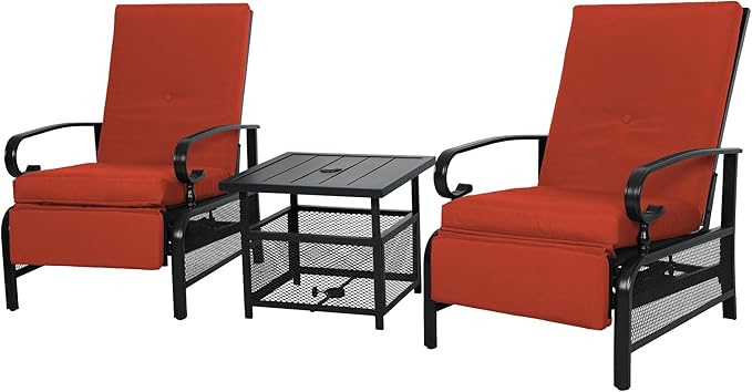 Incbruce 3 Pieces Outdoor Lounge Recliner Set, 2 Adjustable Metal Recliner Sofa Chair and Umbrella Stand Side Square Table Suitable for Garden, Pool, Yard (Red)