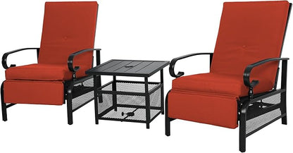 Incbruce 3 Pieces Outdoor Lounge Recliner Set, 2 Adjustable Metal Recliner Sofa Chair and Umbrella Stand Side Square Table Suitable for Garden, Pool, Yard (Red)