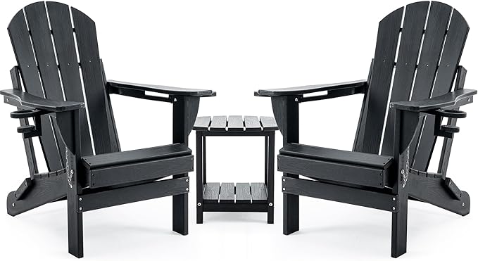 Folding Adirondack Chair Set with Side Table - HDPE Outdoor Patio Chairs, Weatherproof Chair with Reclining Back, Cup & Phone Holder, and 2-Tier Storage End Table for Firepit or Garden (Black)