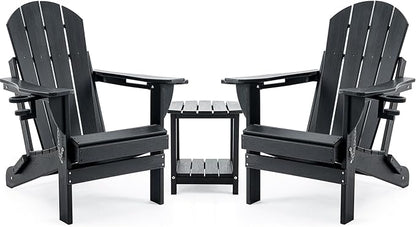 Folding Adirondack Chair Set with Side Table - HDPE Outdoor Patio Chairs, Weatherproof Chair with Reclining Back, Cup & Phone Holder, and 2-Tier Storage End Table for Firepit or Garden (Black)