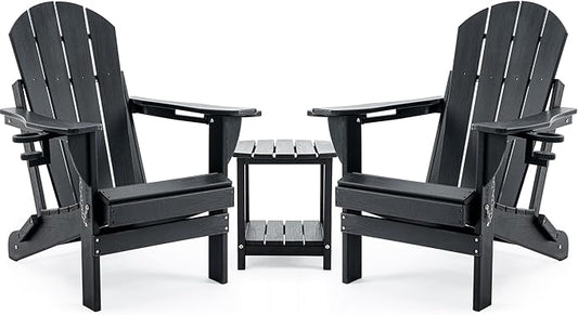 Folding Adirondack Chair Set with Side Table - HDPE Outdoor Patio Chairs, Weatherproof Chair with Reclining Back, Cup & Phone Holder, and 2-Tier Storage End Table for Firepit or Garden (Black)