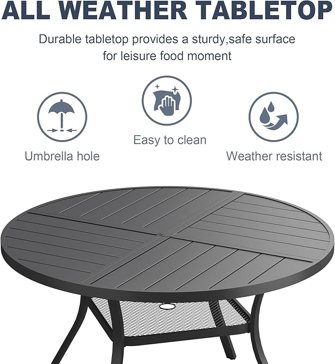 VICLLAX 47.2" Round Patio Dining Table for 4-6, All Weather Metal Outdoor Table with 1.57" Umbrella Hole and Storage Shelf for Garden Lawn Deck, Black