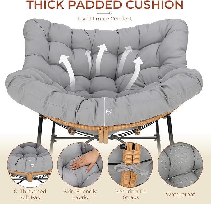TLSUNNY Outdoor Papasan Rocking Chair, Oversized Padded Lounge Rocker with Cushion, Comfy Wicker Egg Lounge Chair, Large Indoor Rocking Recliner for Living Room/Porch/Garden (Grey)