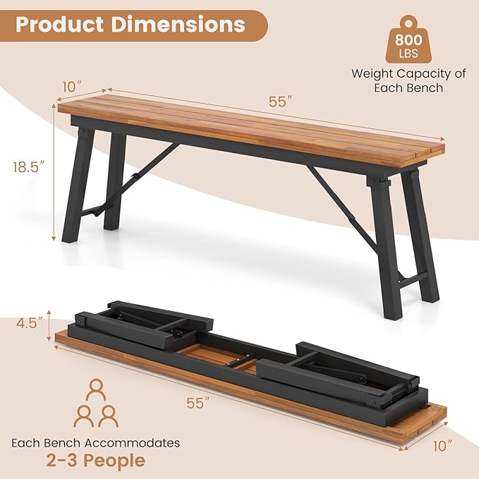 HAPPYGRILL Folding Picnic Bench Set of 2, 55” Long Rectangular Wooden Dining Camping BBQ Benches, Portable Acacia Wood Bench w/Metal Frame, Outdoor Indoor Bench Seat for Porch Garden Yard Patio Deck