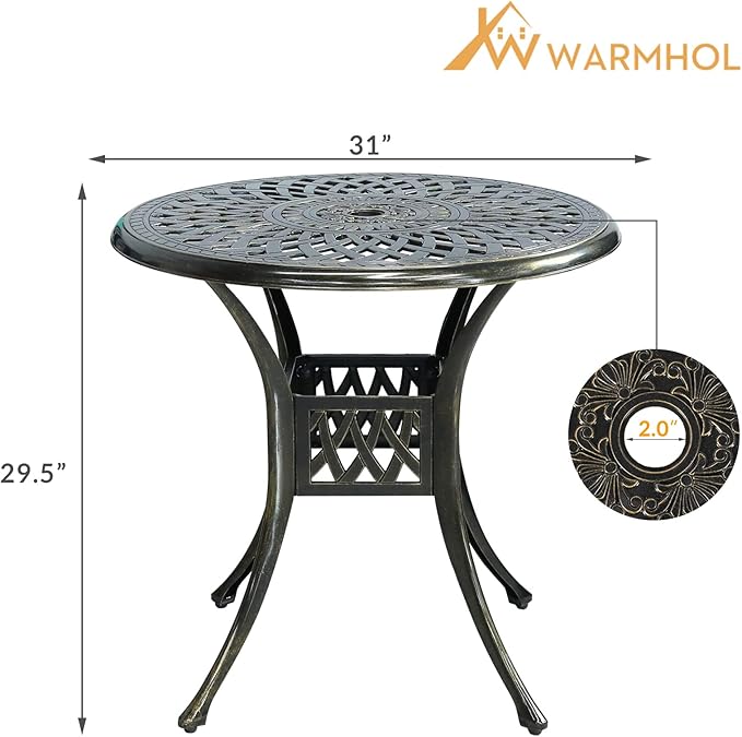 Outdoor Cast Aluminum Patio Table, 31” Round Bistro Table with 2” Umbrella Hole for Patio Furniture Garden Deck Backyard