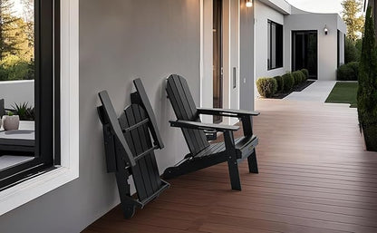 Folding Adirondack Chair Set of 2, Wooden Textured Plastic Adirondack Chairs with 2 Cup Holder, Weather Resistant HDPE Fire Pit Chair, Outdoor Patio Chairs for Garden, Backyard, Lawn, Deck, Black