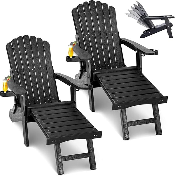 ZHUSI Folding Adirondack Chairs Set of 2 with Retractable Ottoman, Adjustable Adirondack Chair with 2 Cup Holders - Photo 1
