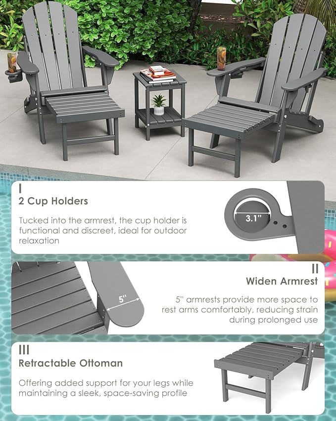 GREENVINES Adjustable Adirondack Chair with Retractable Ottoman Set of 4 | Folding | HDPE Plastic - Photo 7