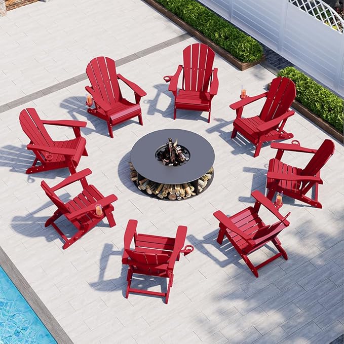 Folding Adirondack Chair with Cup Holders Set of 2, HDPE Plastic Outdoor Chairs, Weather Resistant - Photo 6