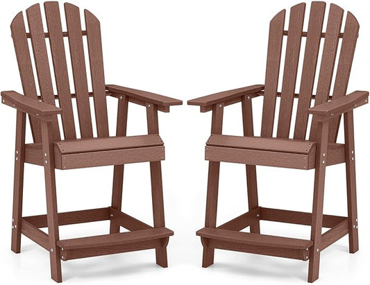 Tangkula Outdoor Bar Stool, HDPE Tall Adirondack Chair with Armrest & Footrest, Weather Resistant 47 Inch Counter Height Barstool Lifeguard Chair for Pool Deck Patio Garden, Balcony Chairs (2, Coffee)